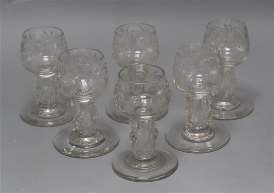 A set of six Continental engraved glass rummers